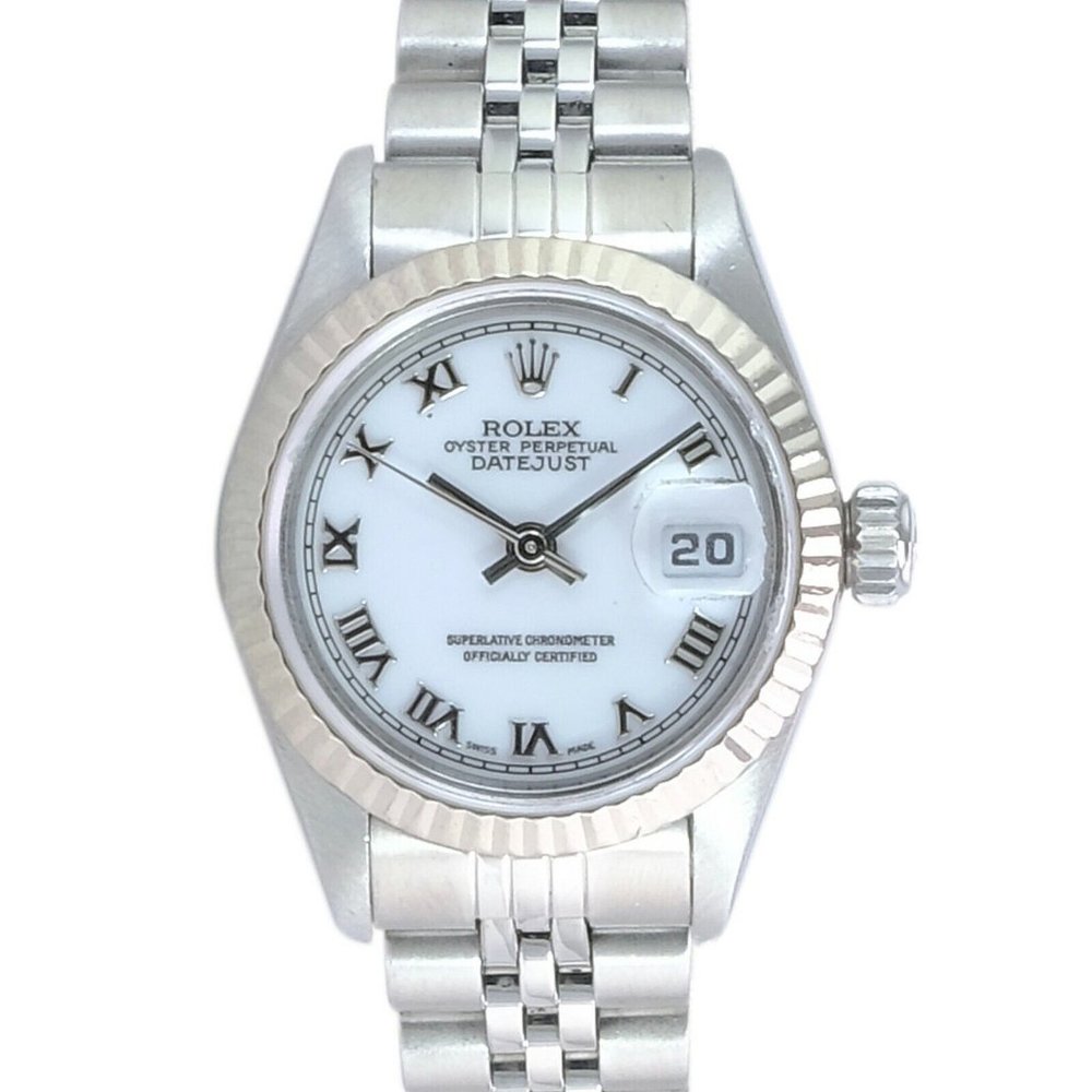 Rolex Datejust White Roman Dial 18k White Gold Fluted Steel Jubilee Watch 6917